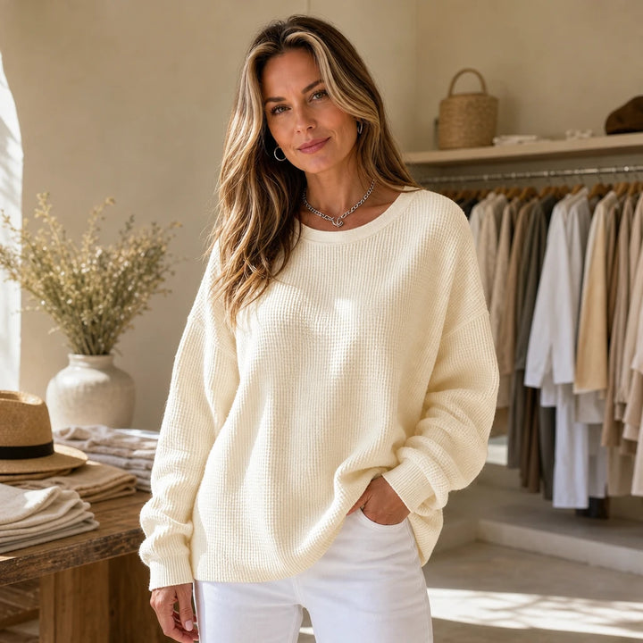 Wafflelyn – Waffle-Knit Round-Neck Sweater