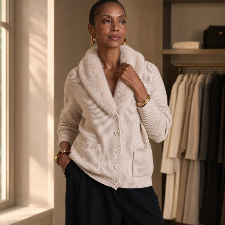 Shaguna – Shaggy Collar Ribbed Knit Cardigan