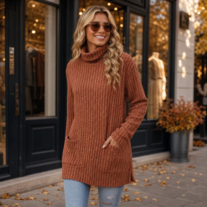 Cozyline – Ribbed Mock Neck Pocket Tunic