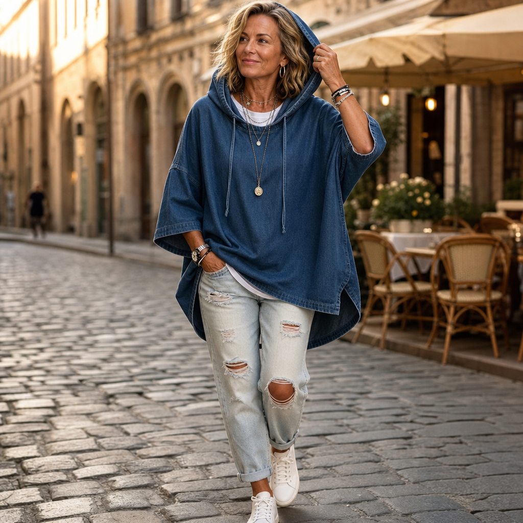 Wearlow – Oversized Washed Denim Look Hooded Poncho