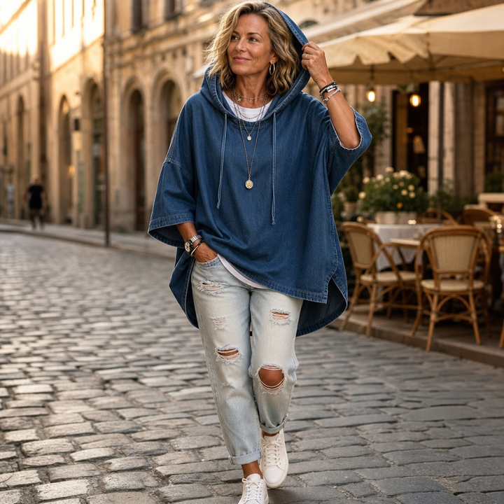 Wearlow – Oversized Washed Denim Look Hooded Poncho
