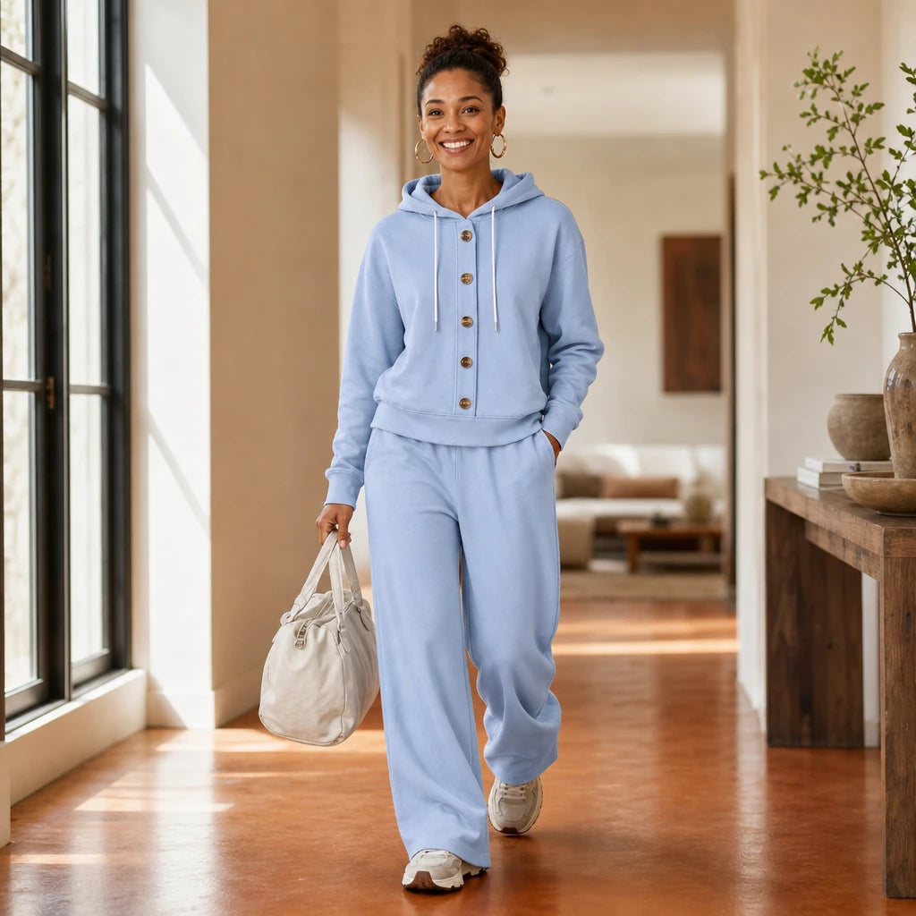 French Terry Button-Front Hoodie And Wide-Leg Sweatpants Set