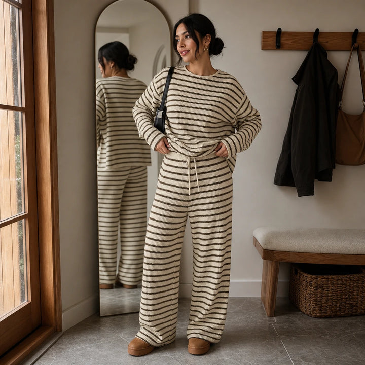 Stripe & Ease – Striped Long-Sleeve Top And Wide-Leg Pants Set