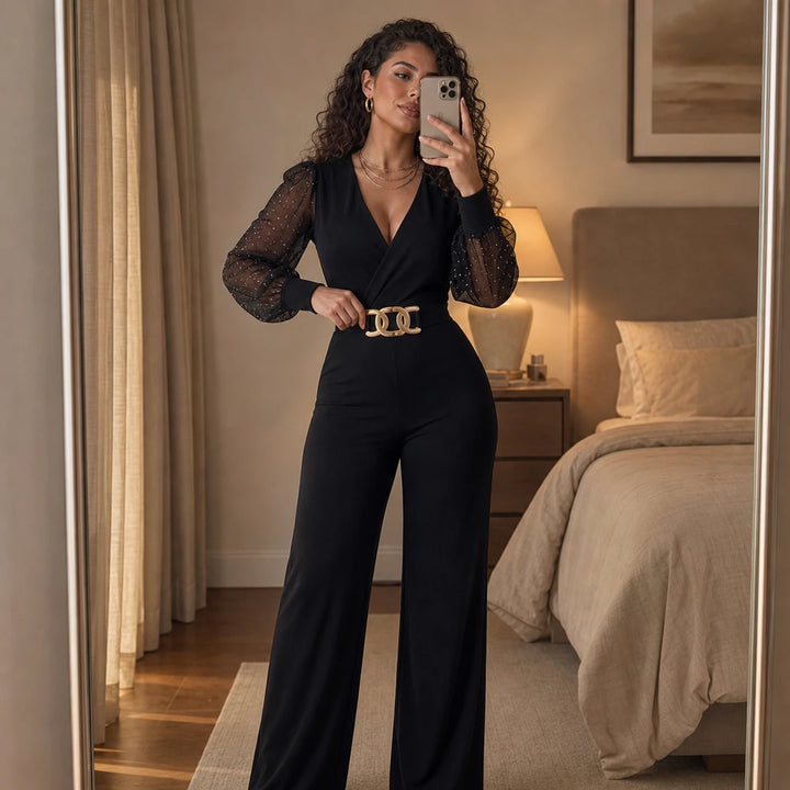 Veloura – Sequin Mesh Sleeve Wide-Leg Jumpsuit
