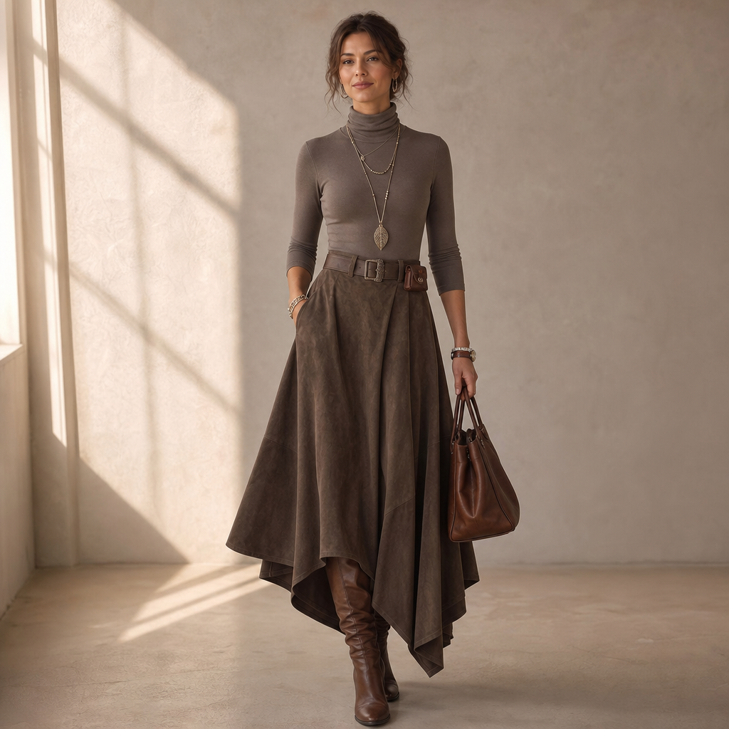 Sienna Fold – Asymmetrical Pleated Faux-Suede Skirt Set