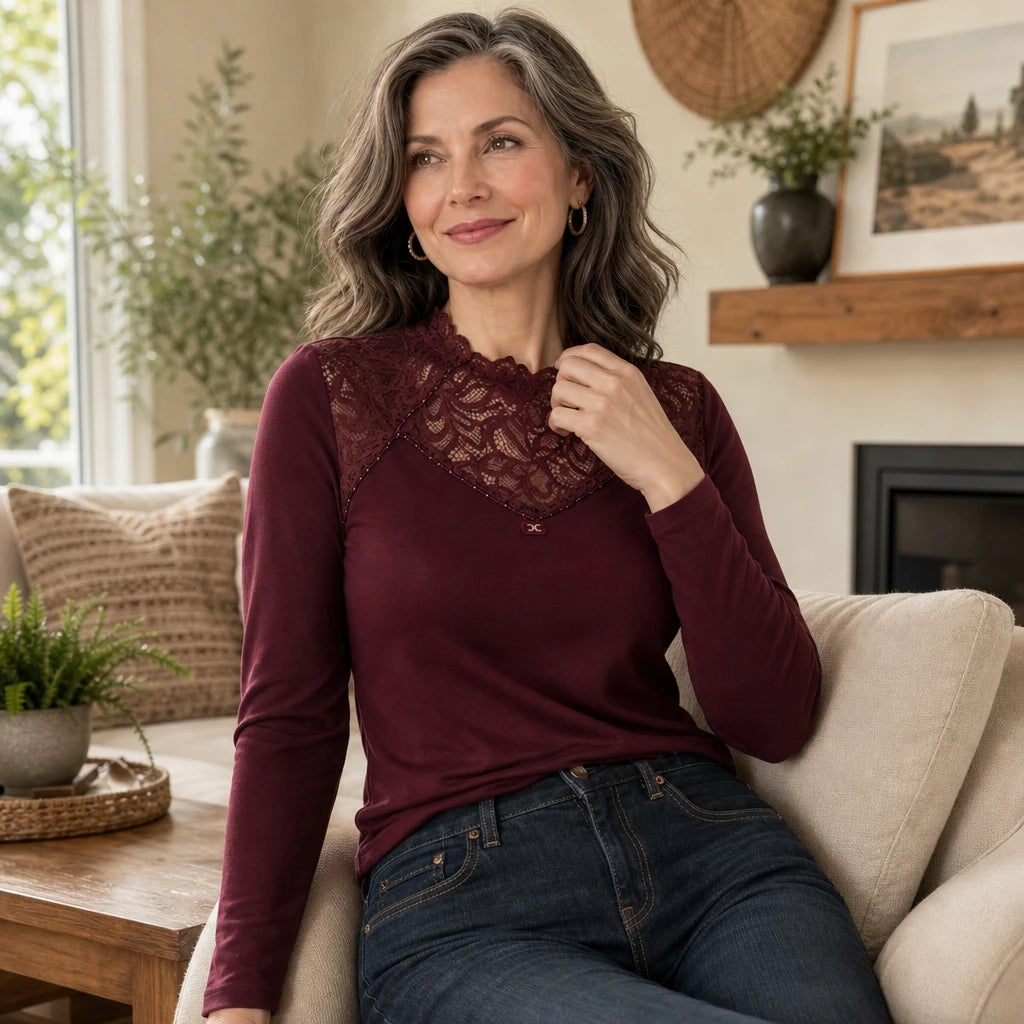 Lunelle – Scalloped Lace Rhinestone Knit Top