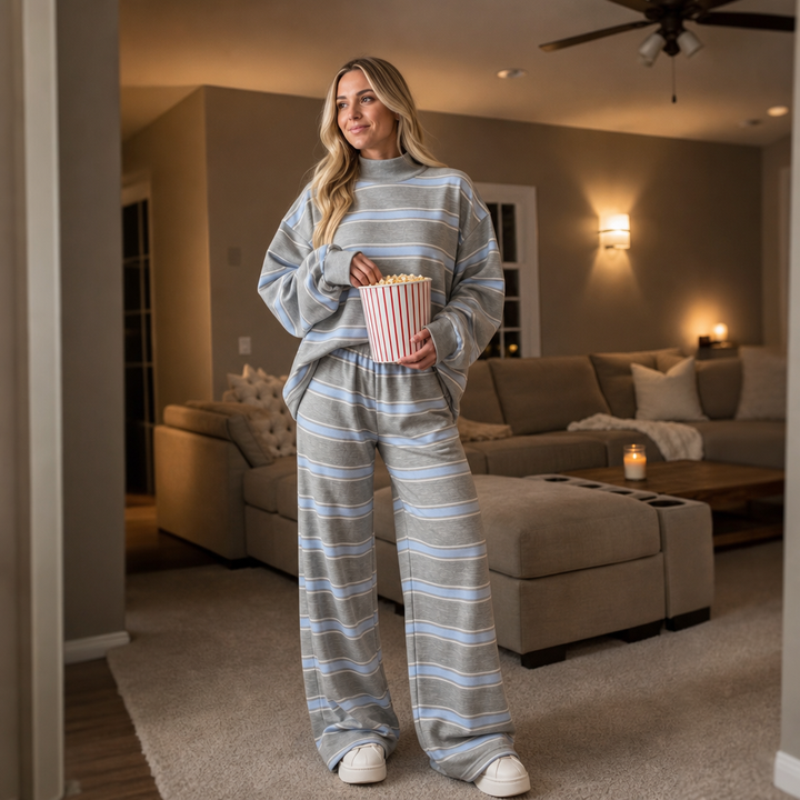 Stripe & Ease – Striped Mock-Neck Top And Wide-Leg Pants Set