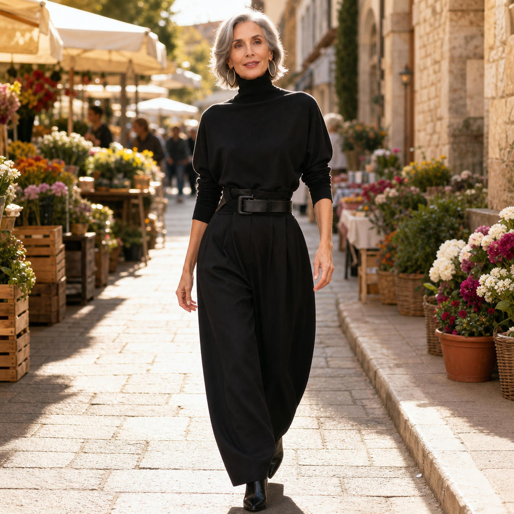 Poisevera – Belted High-Waist Turtleneck And Trouser Set