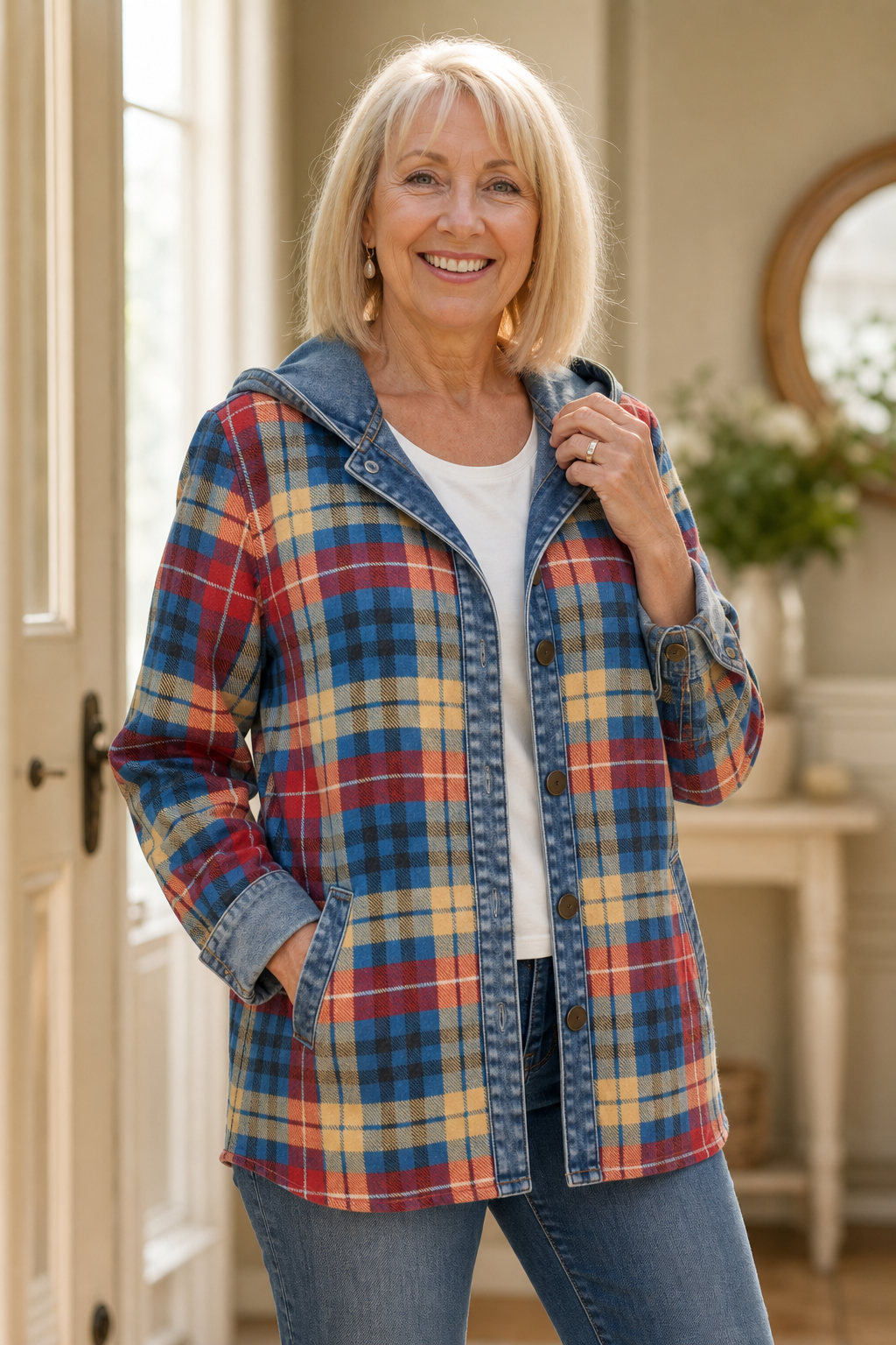 [BrandName] – Denim-Trim Hooded Knit Cardigan