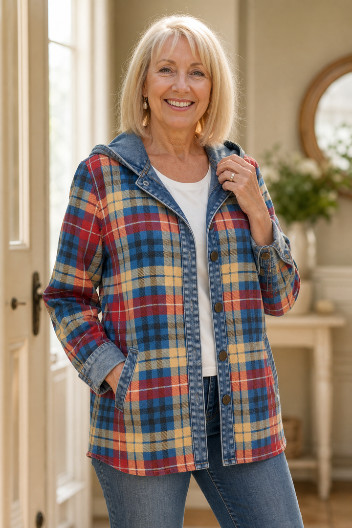 [BrandName] – Denim-Trim Hooded Knit Cardigan