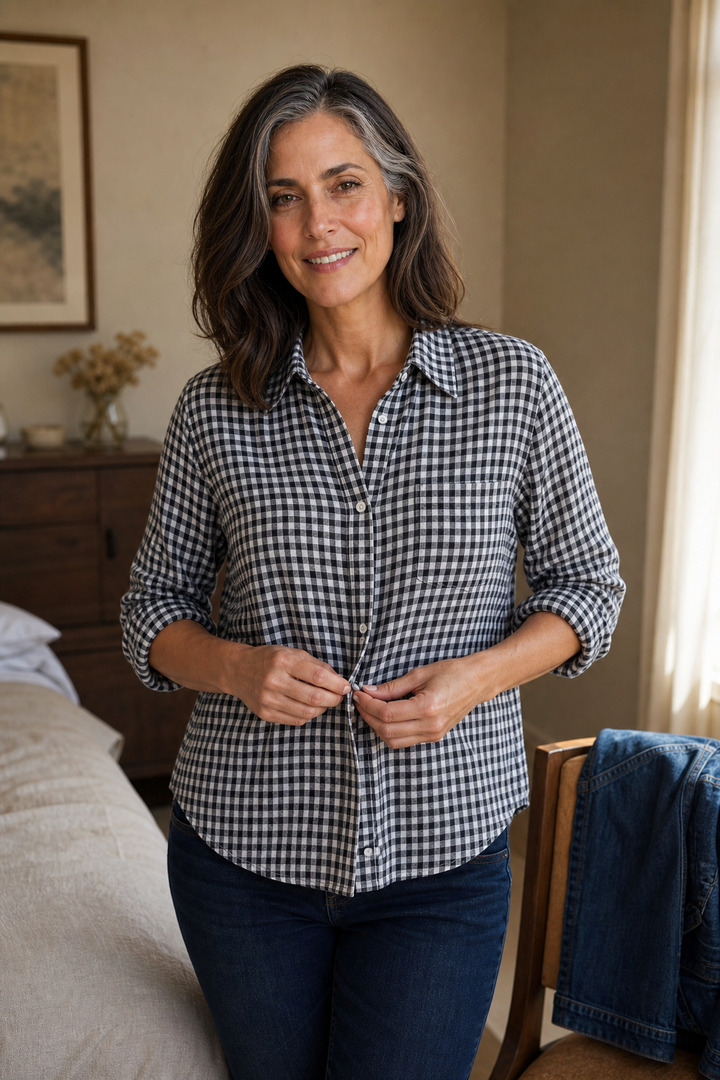 Checkered Long-Sleeve Button-Up Shirt For Women