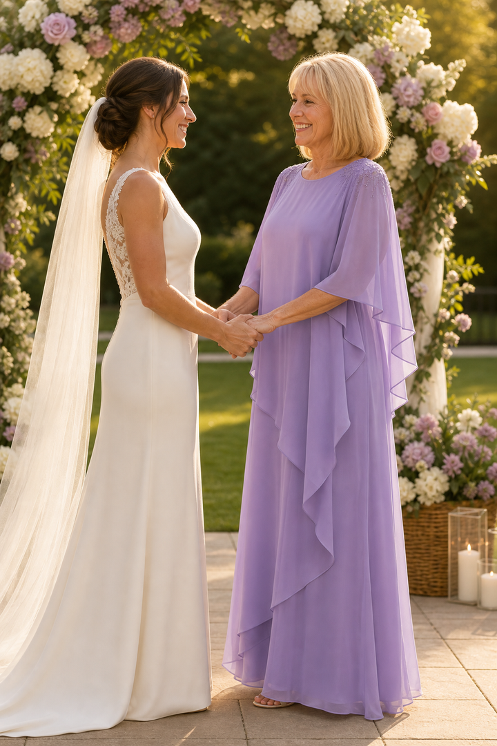 Vellamora – Cape Sleeve Layered Chiffon-Look Evening Gown