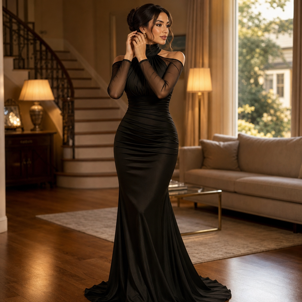 Elara – Cold-Shoulder Ruched Mermaid Evening Gown