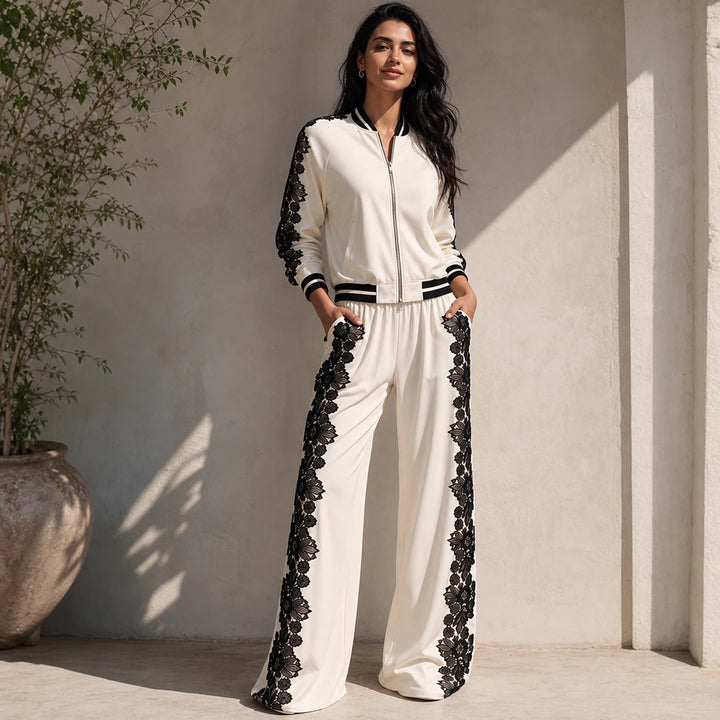 Lace & Leisure – Floral Lace Panel Track Jacket And Wide-Leg Pants Set
