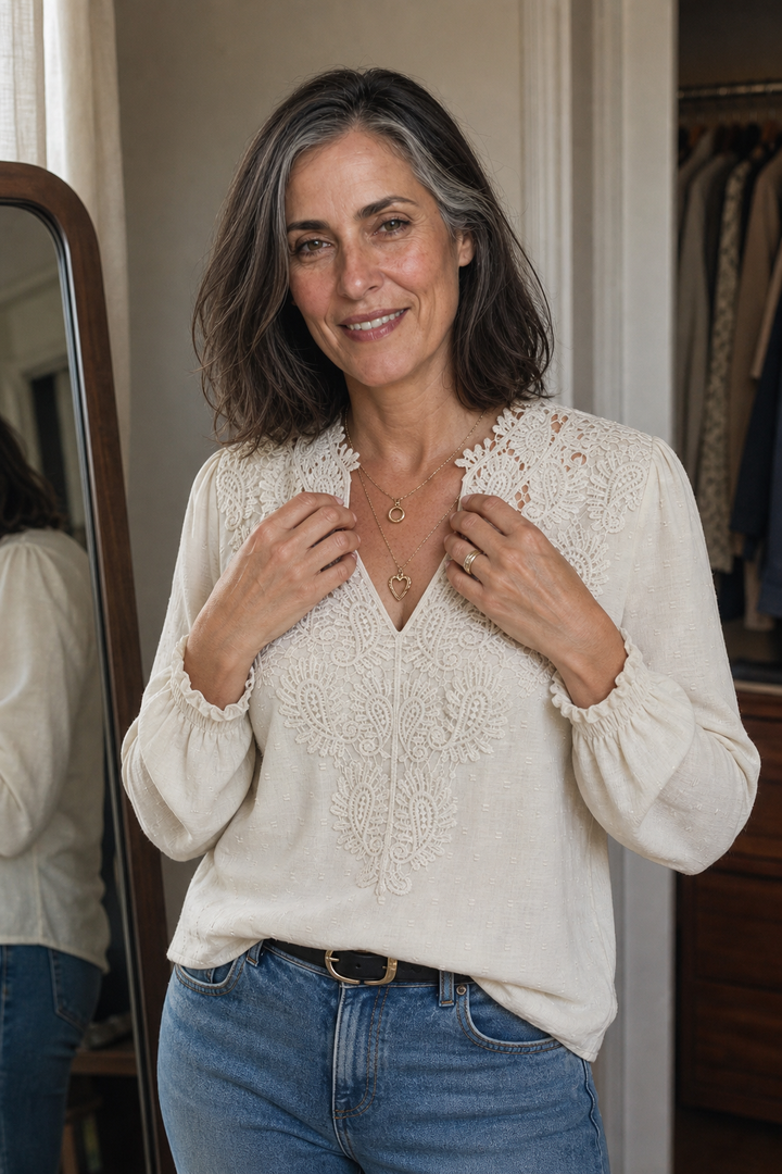 Lunavere – V-Neck Lace-Look Sleeve Long Sleeve Blouse