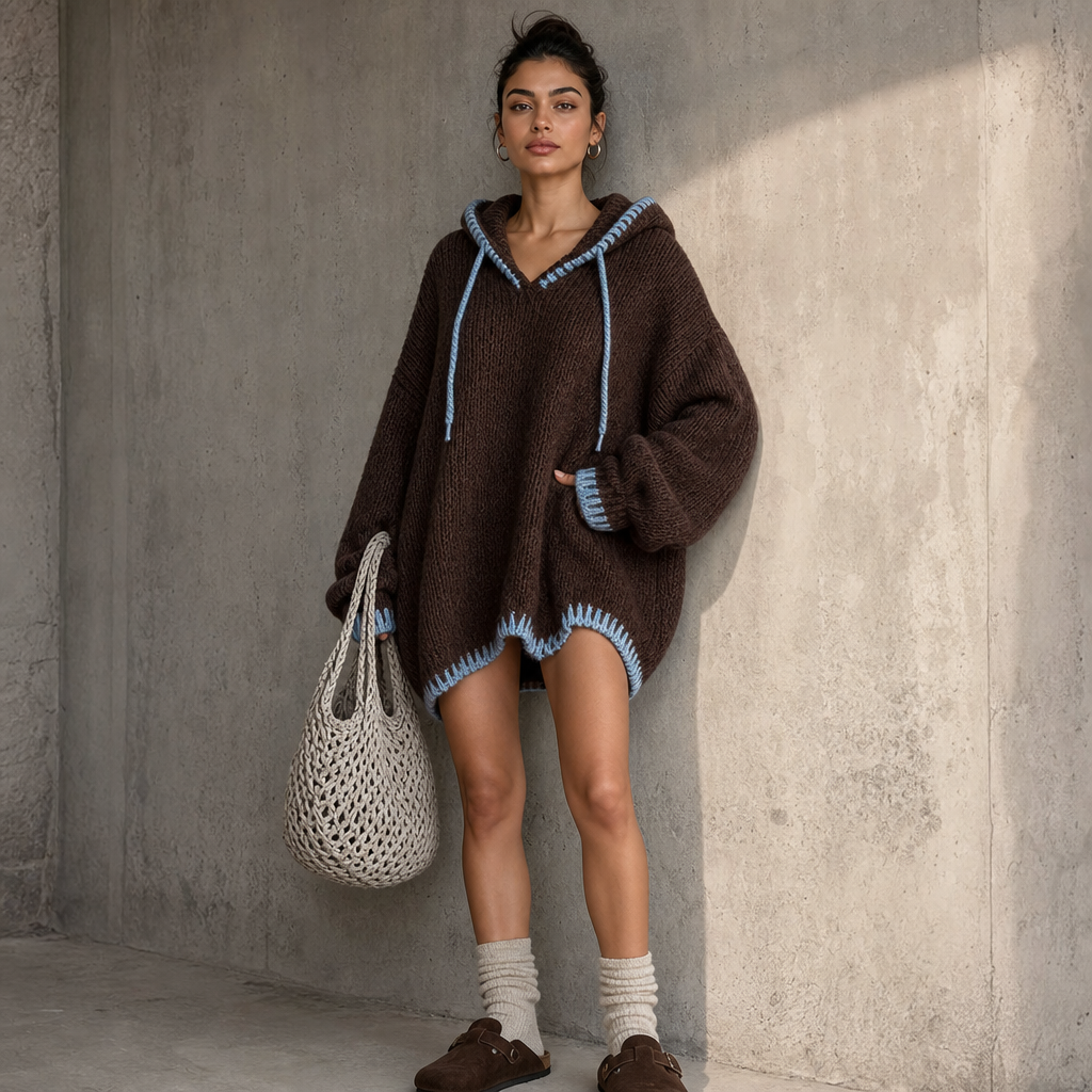 Cozyline – Contrast-Trim Hooded Sweater Dress
