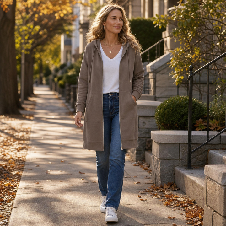 Coziluxe – Zip-Front Hooded Mid-Length Knit Cardigan