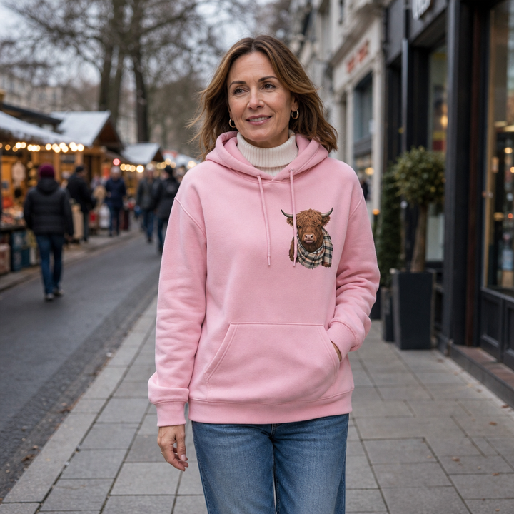 Heatherloch – Highland Cow Print Fleece-Lined Hoodie