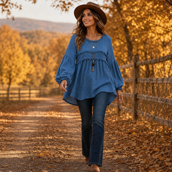 Wovella – Fringe-Trim Pleated-Sleeve Boho Blouse