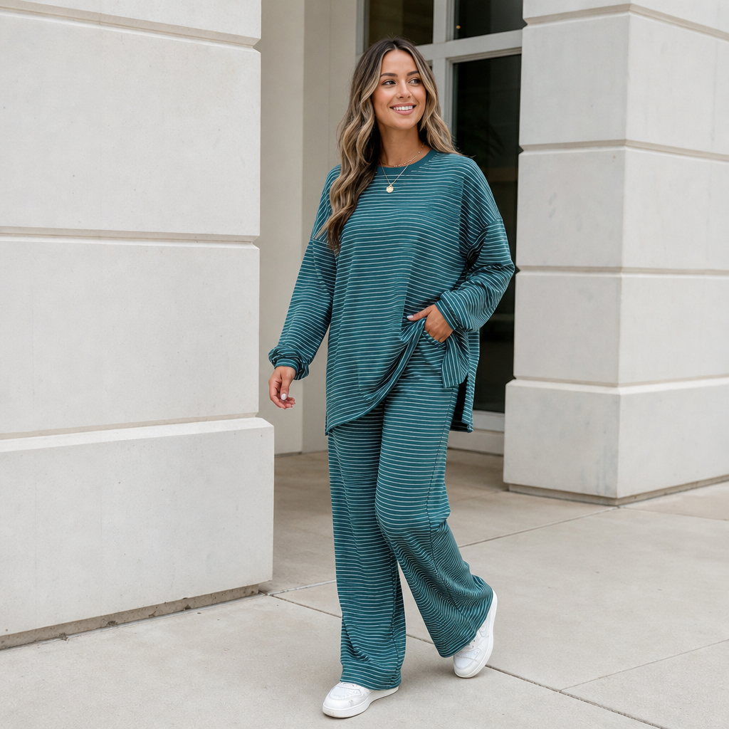 Stripe & Ease – Striped Pullover And Wide-Leg Pants Set