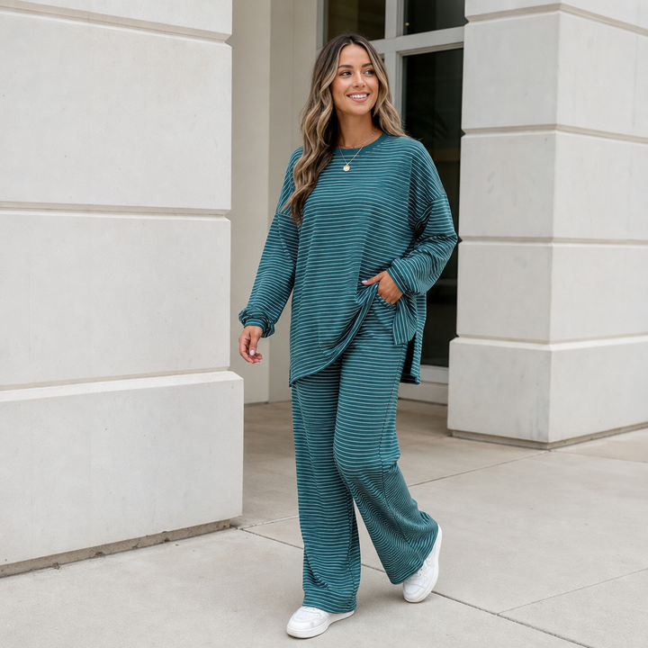 Stripe & Ease – Striped Pullover And Wide-Leg Pants Set