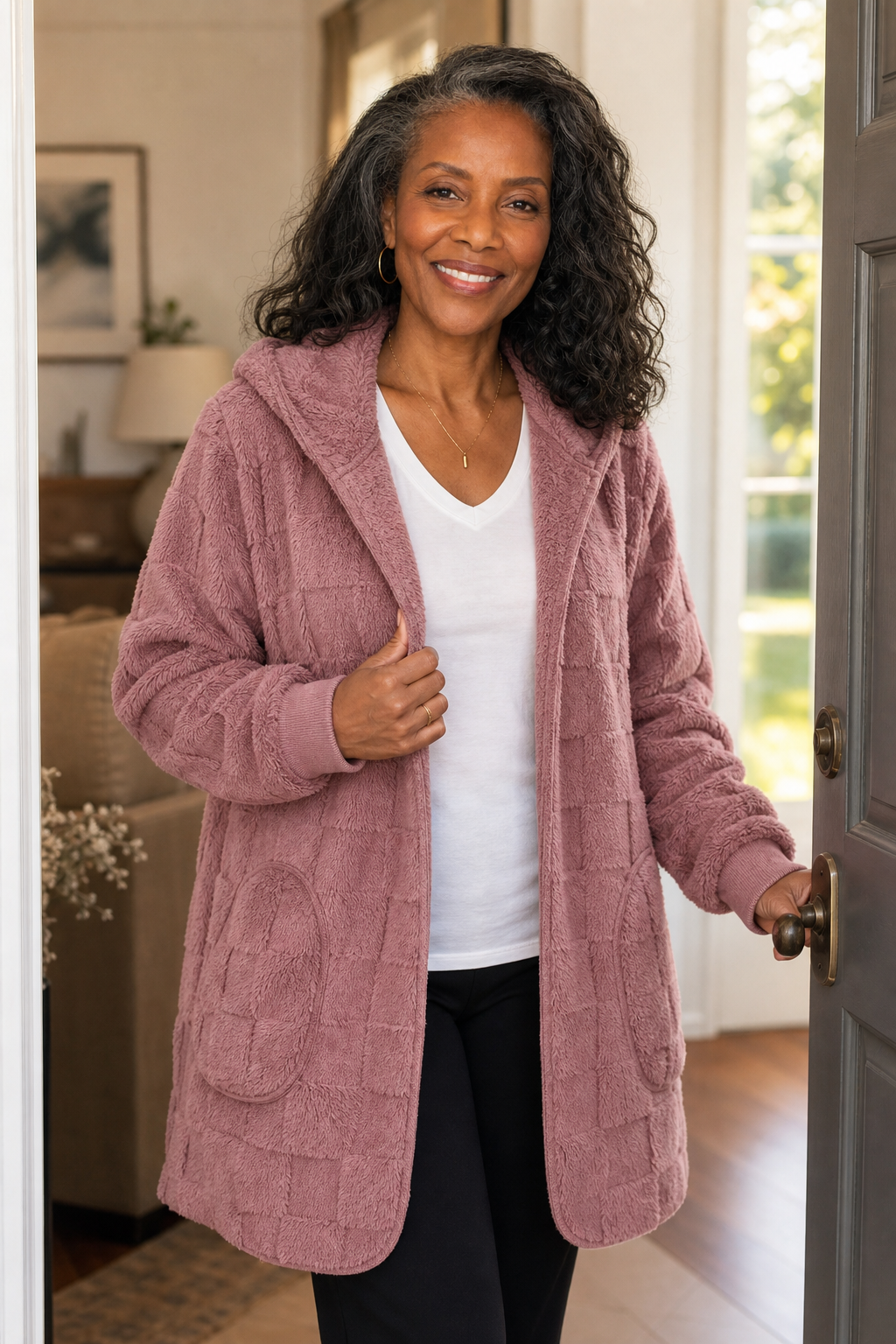 Plushden – Checkered Fuzzy Open-Front Cardigan