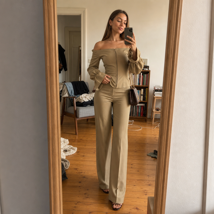 Wearbella – Off-Shoulder Bubble Sleeve Top And Wide-Leg Pants Set