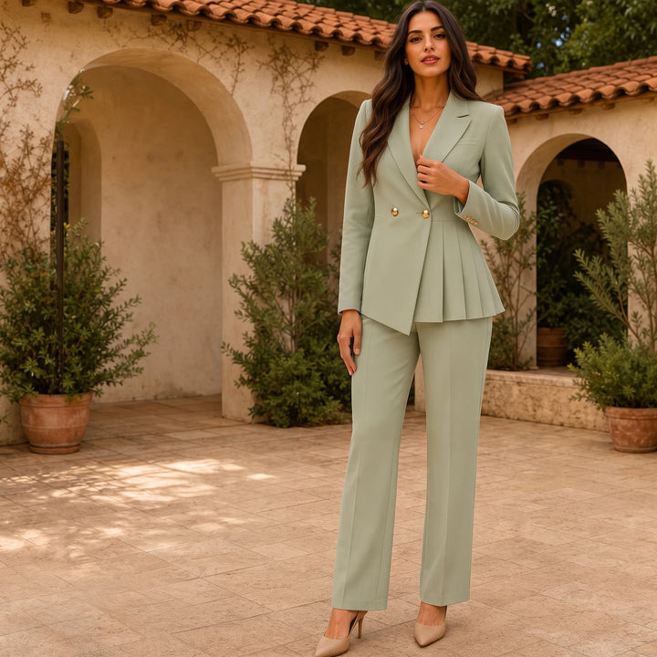 Vellaire – Double-Breasted Pleated Peplum Trouser Suit