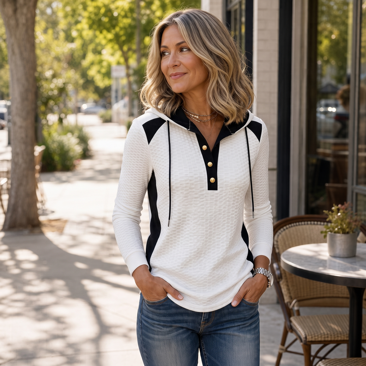 Wearbella – Waffle-Knit Colorblock Button V-Neck Hoodie