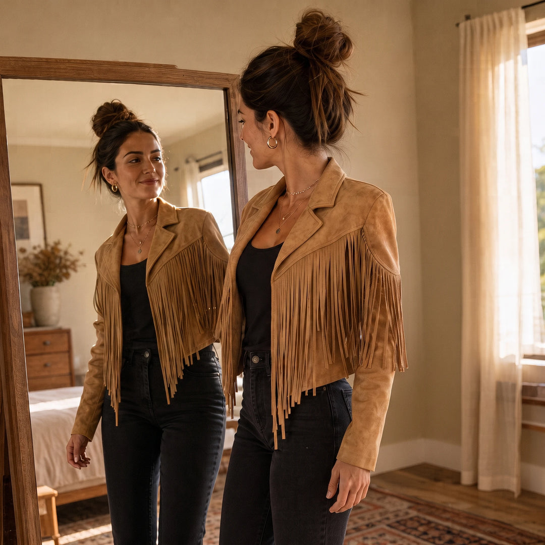 Fringe & Form – Laser-Cut Fringe Cropped Moto Jacket