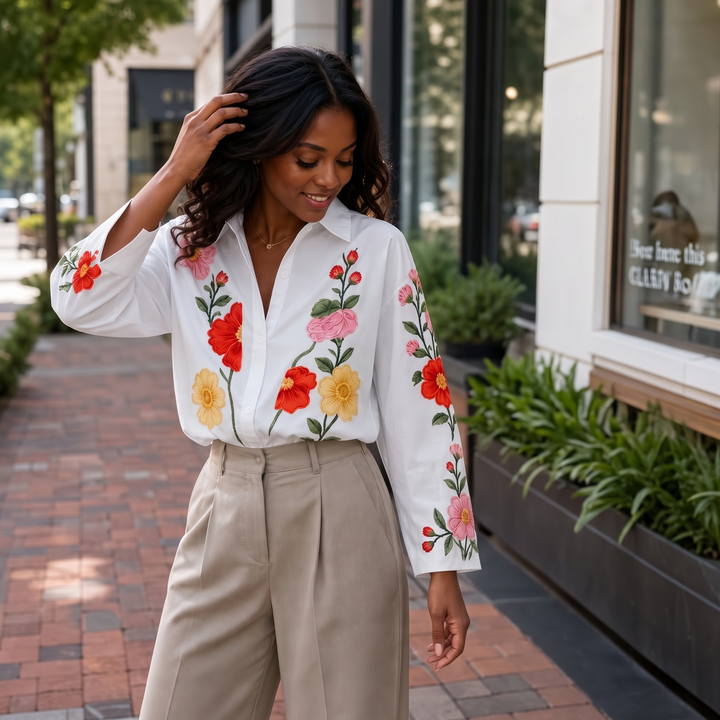 Lunabloom – Floral Embroidered Lapel-Collar Blouse