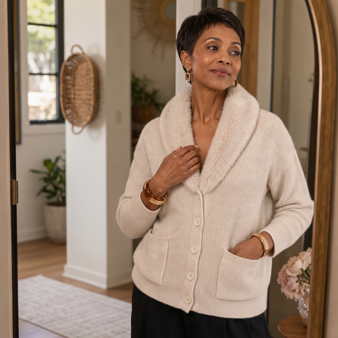 Shaguna – Shaggy Collar Ribbed Knit Cardigan
