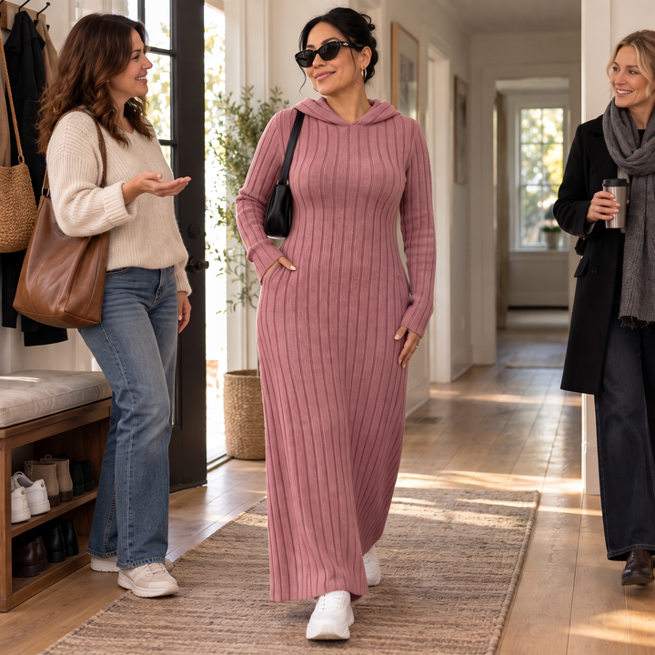 Ribwarm – Hooded Ribbed-Knit Maxi Sweater Dress