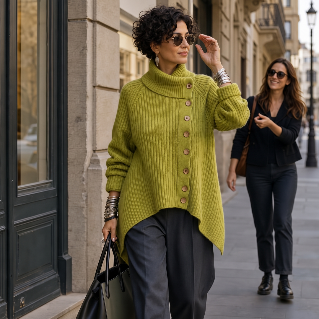 Vivid Muse – Asymmetric High-Neck Knit Sweater