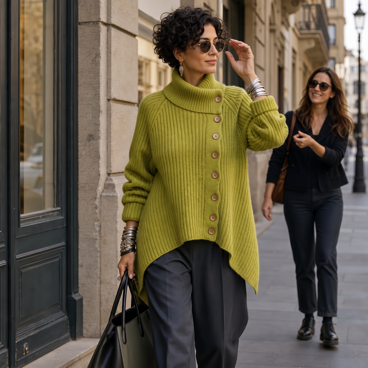Vivid Muse – Asymmetric High-Neck Knit Sweater