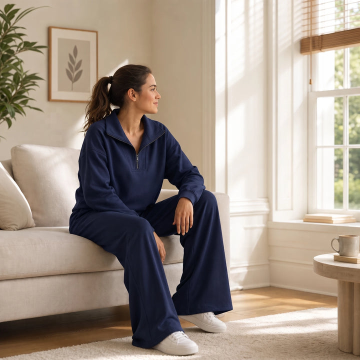 Veya – Quarter-Zip Stand-Collar Blouse And Wide-Leg Trouser Set