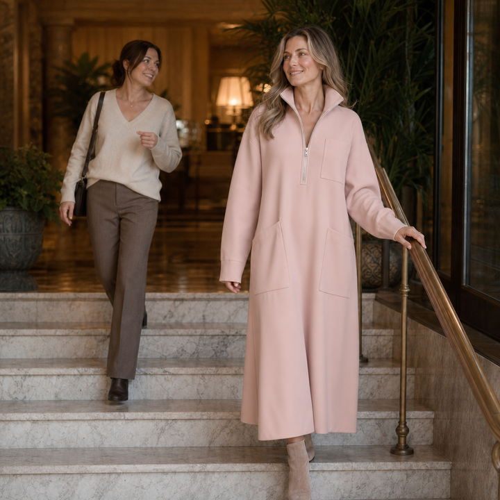 Quarterglow – Quarter-Zip Ribbed Knit Midi Dress