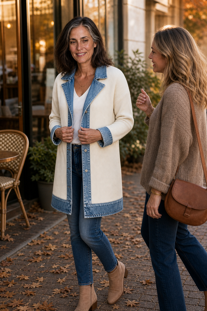 Wearbella – Denim-Look Spliced Ribbed Knit Coat