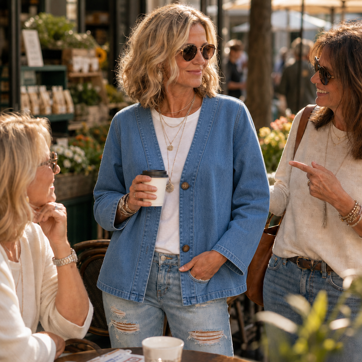 Drapella – Collarless Soft-Denim-Look Button-Down Cardigan