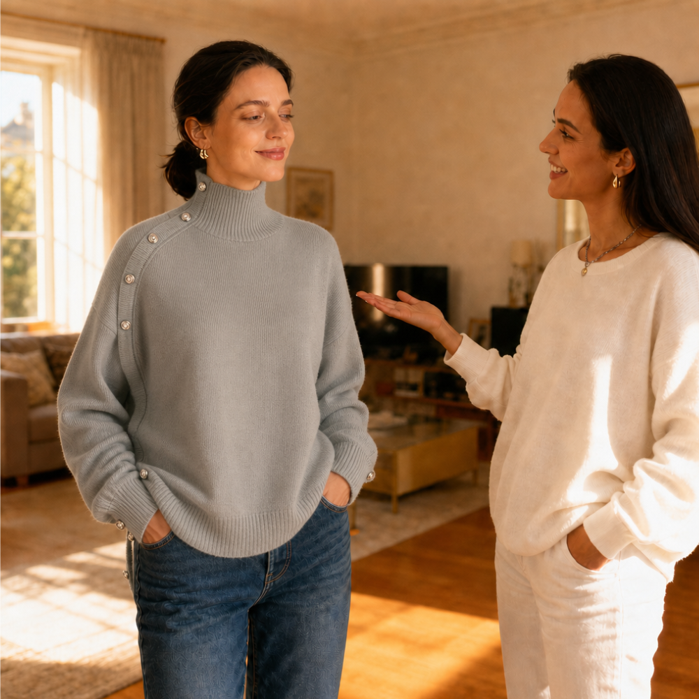 Marlowe – Oversized Gold Button Mock-Neck Sweater