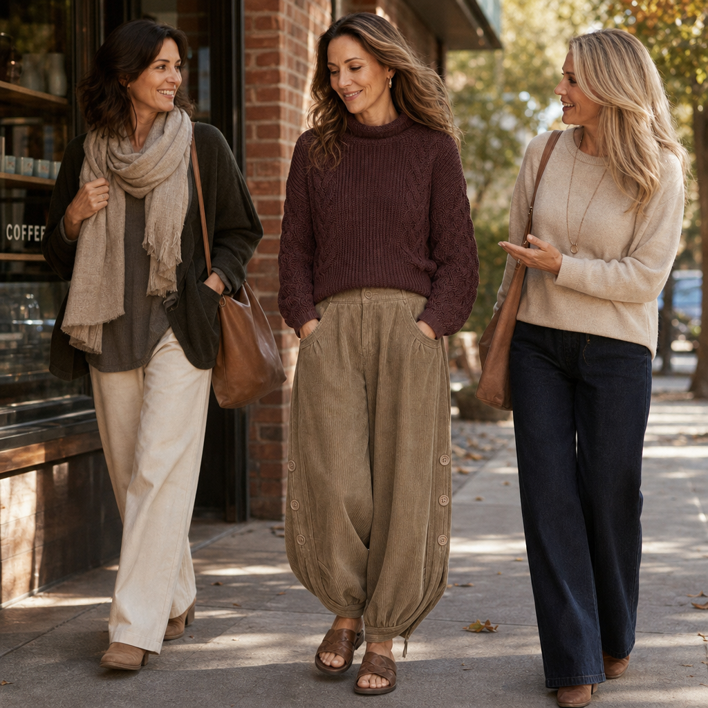 Cozelle – Side-Button Barrel Leg Corduroy Pants