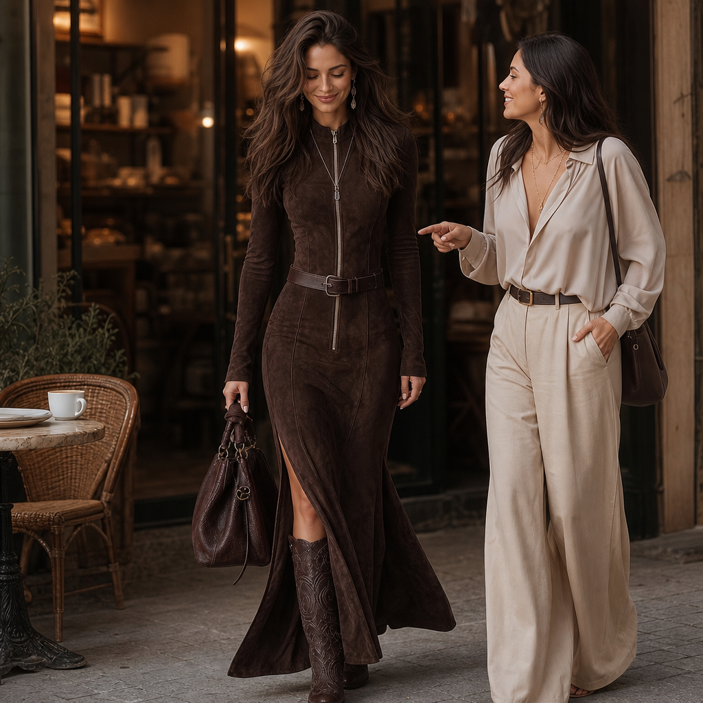 Noreva – Belted Zipper-Front Suede-Look Maxi Dress