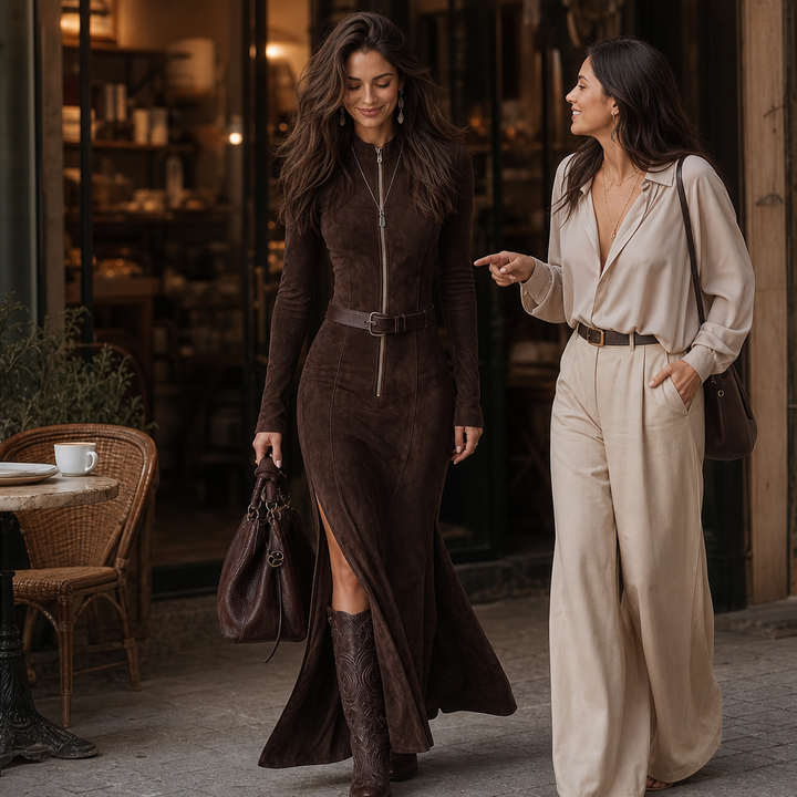 Noreva – Belted Zipper-Front Suede-Look Maxi Dress