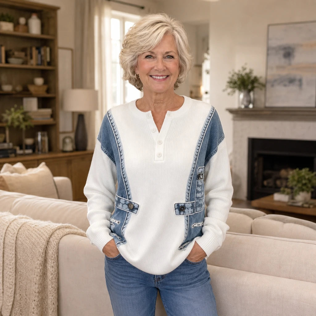 Denimelle – Denim-Look Detail Ribbed Henley Sweater