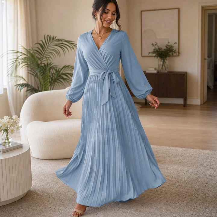 Lunavia – Pleated Wrap-Neck High-Waisted Maxi Dress