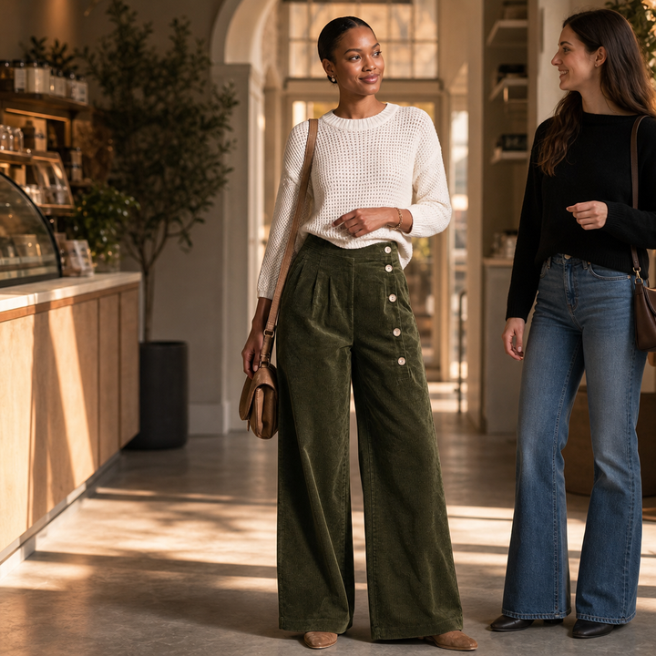 Cordelle – Asymmetrical Button-Front Pleated Wide-Leg Pants
