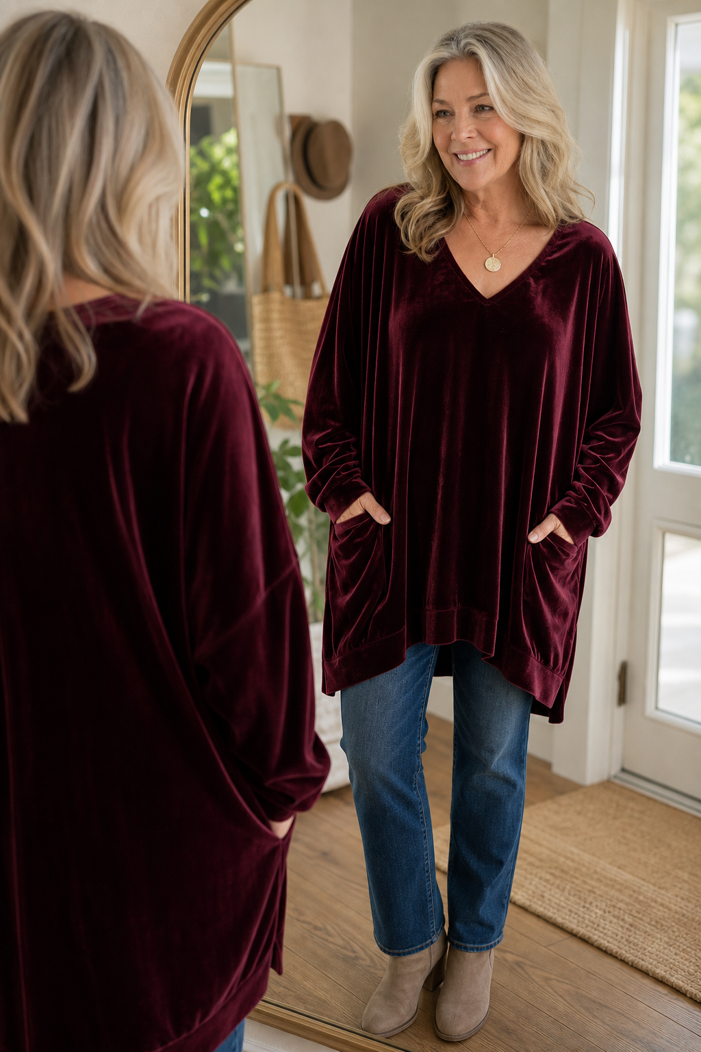 Velveau – Oversized Pocketed V-Neck Velvet Tunic