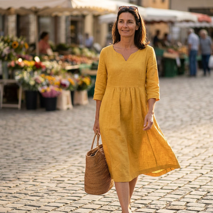 Solenne – Relaxed V-Neck Midi Dress with Pockets