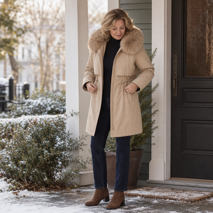 Velora – Hooded Mid-Length Faux-Fur Coat