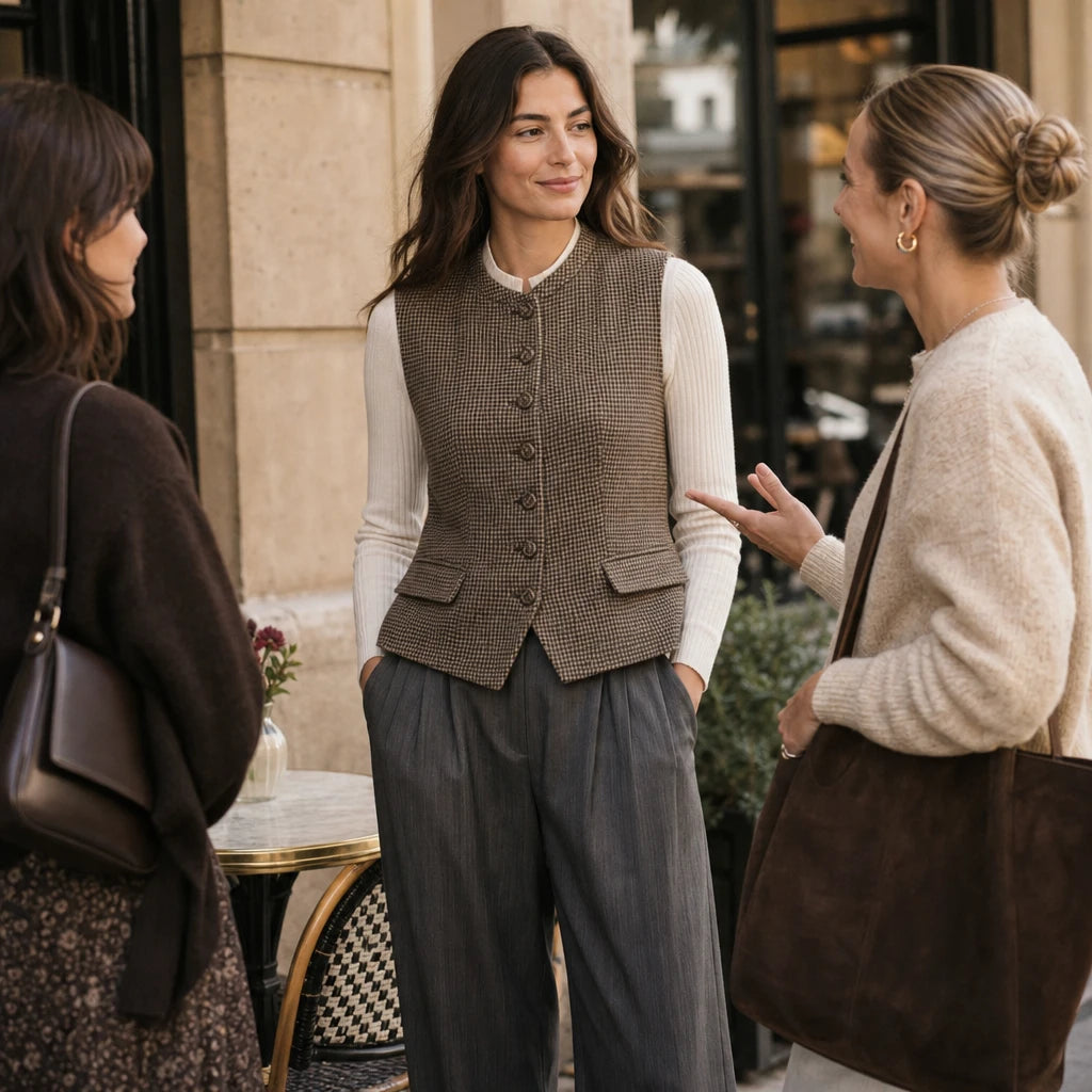 Houndstooth & Hem – Houndstooth Stand-Collar Tweed Vest